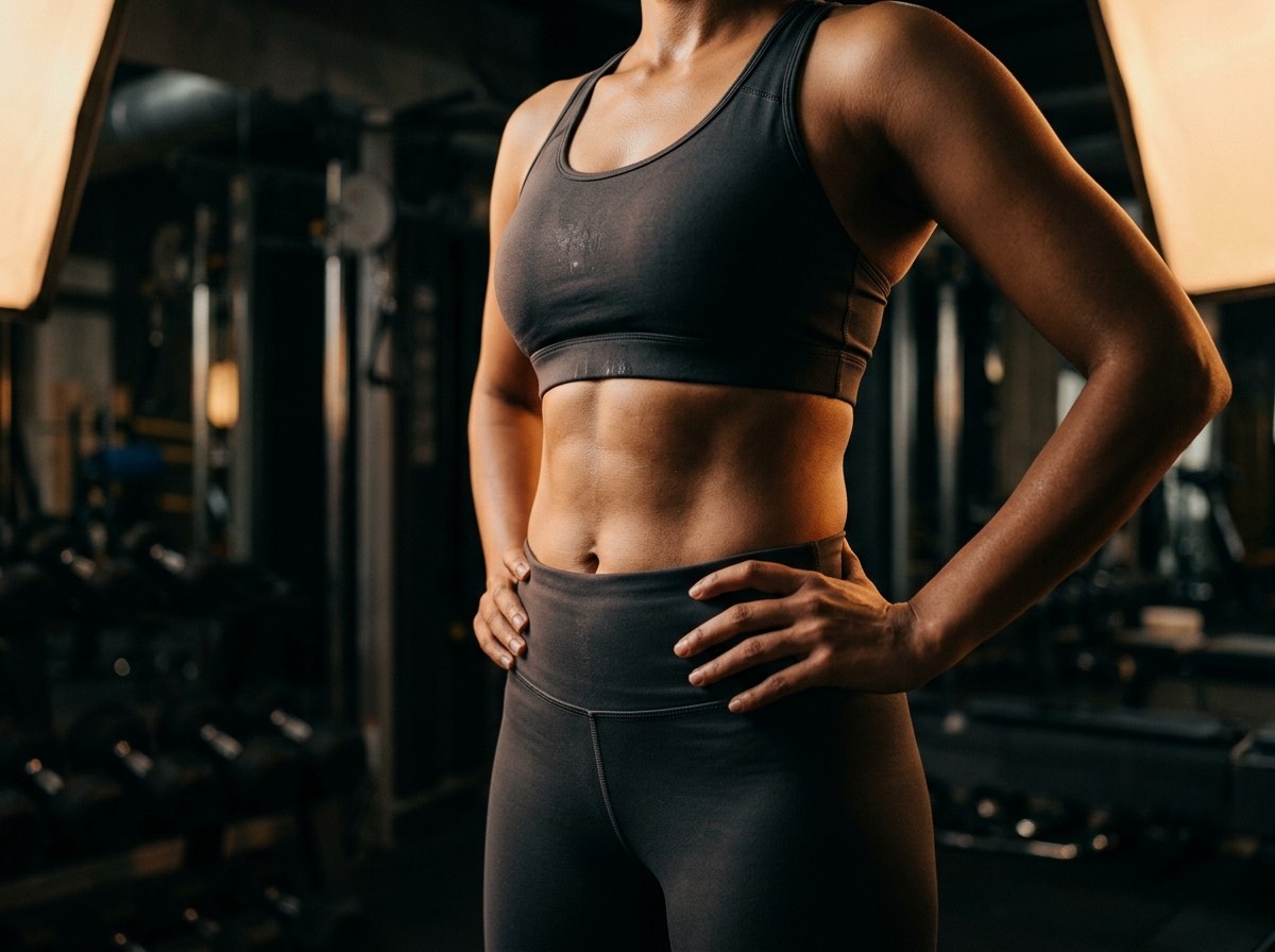 A strong, healthy woman in activewear, hands on hips, in warm cinematic light.