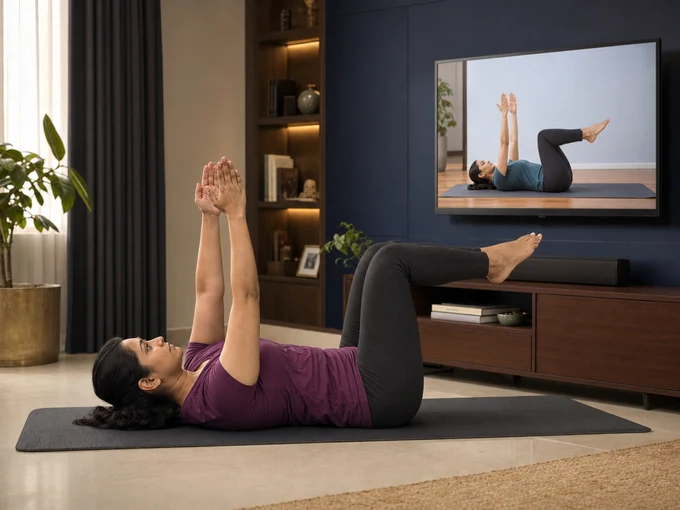 Mother practising controlled core movement during an online BMT session.