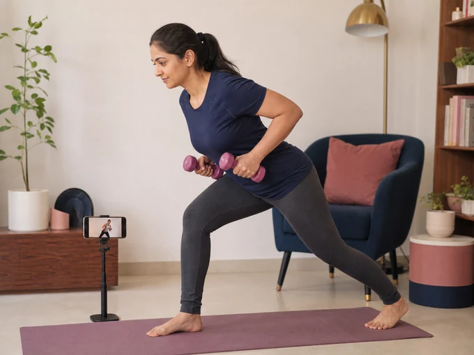 Mother using light dumbbells while following an instructor on a mobile screen.