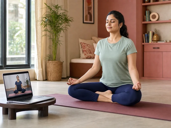 Mother seated in a calm meditation pose while following an instructor on a laptop.
