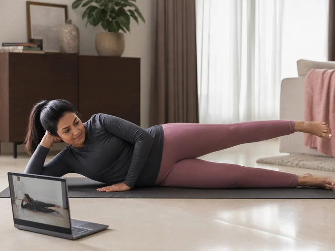 Mother practising a no-equipment Pilates-style side-lying movement while following an online class.