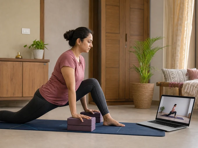 Mother following a guided yoga and mobility class on a laptop.