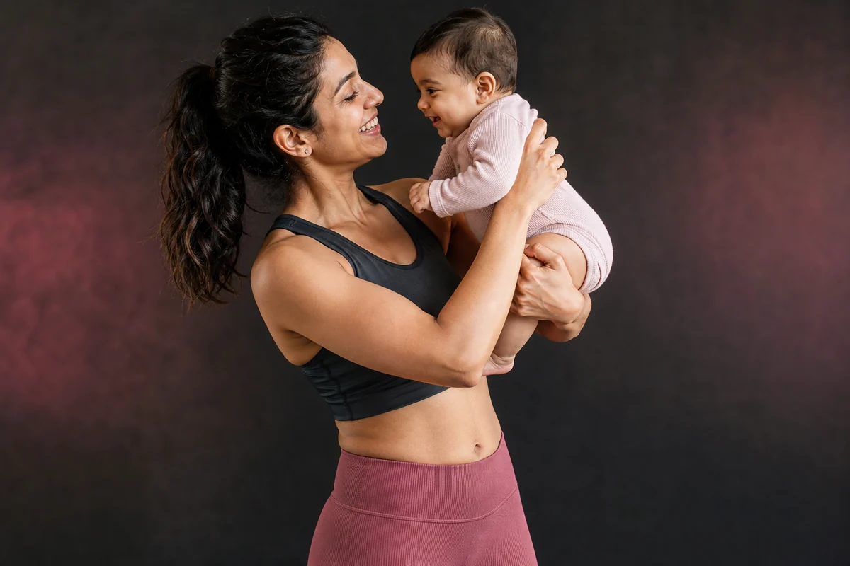 Illustrative lean Indian mother in activewear with a visible midriff, playfully lifting her baby close at shoulder level with both hands supporting the baby.