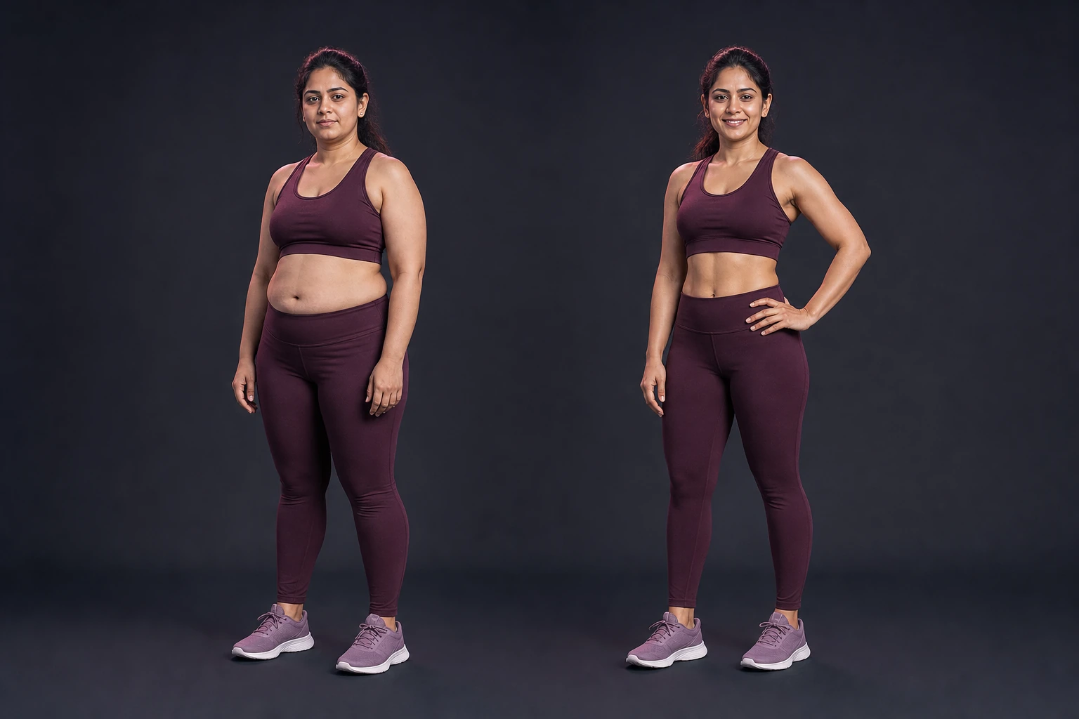 Illustrative side-by-side postpartum fitness visual showing the same Indian mother before and after rebuilding strength, fitness and posture.