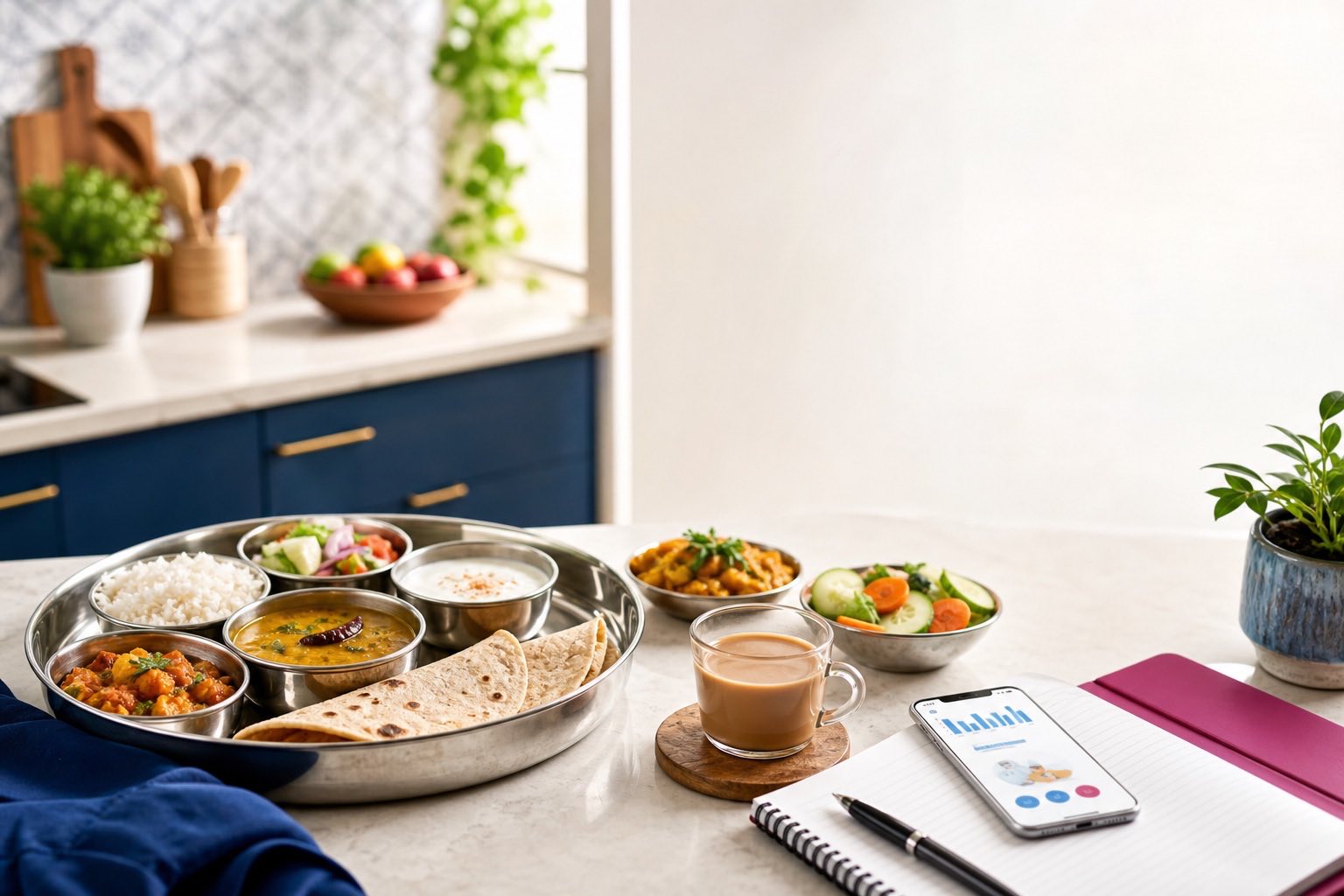 Home-style Indian meals plated with a phone food log alongside.