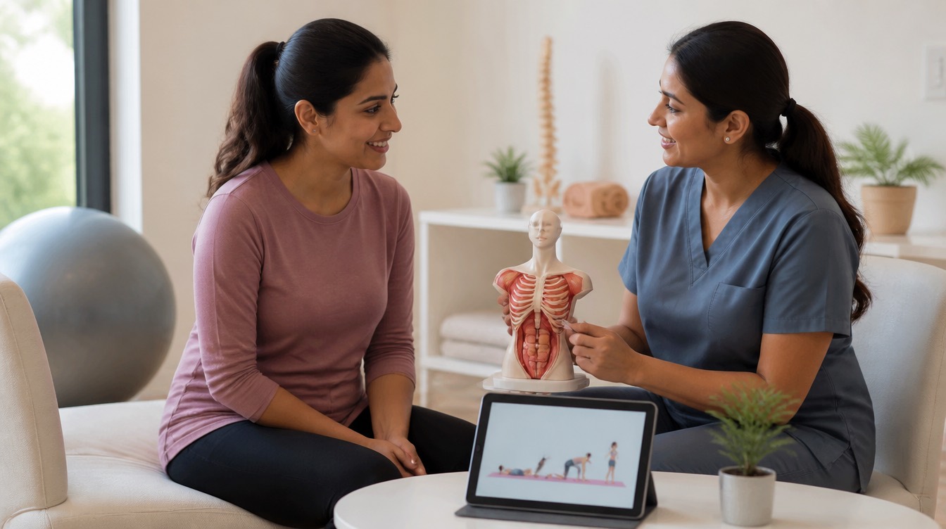 A recovery coach explaining core anatomy to a mother with a torso model