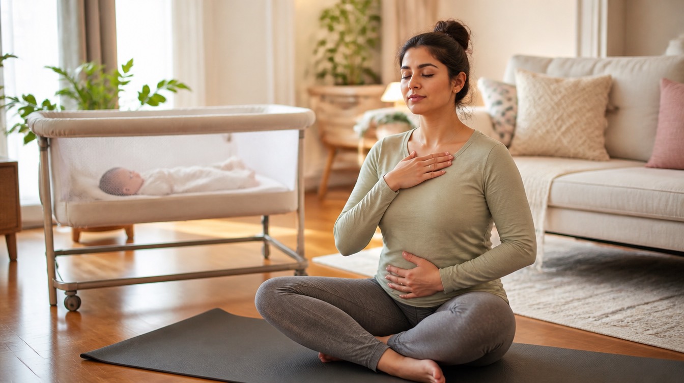 A mother practicing calm breathing at home beside her baby's bassinet
