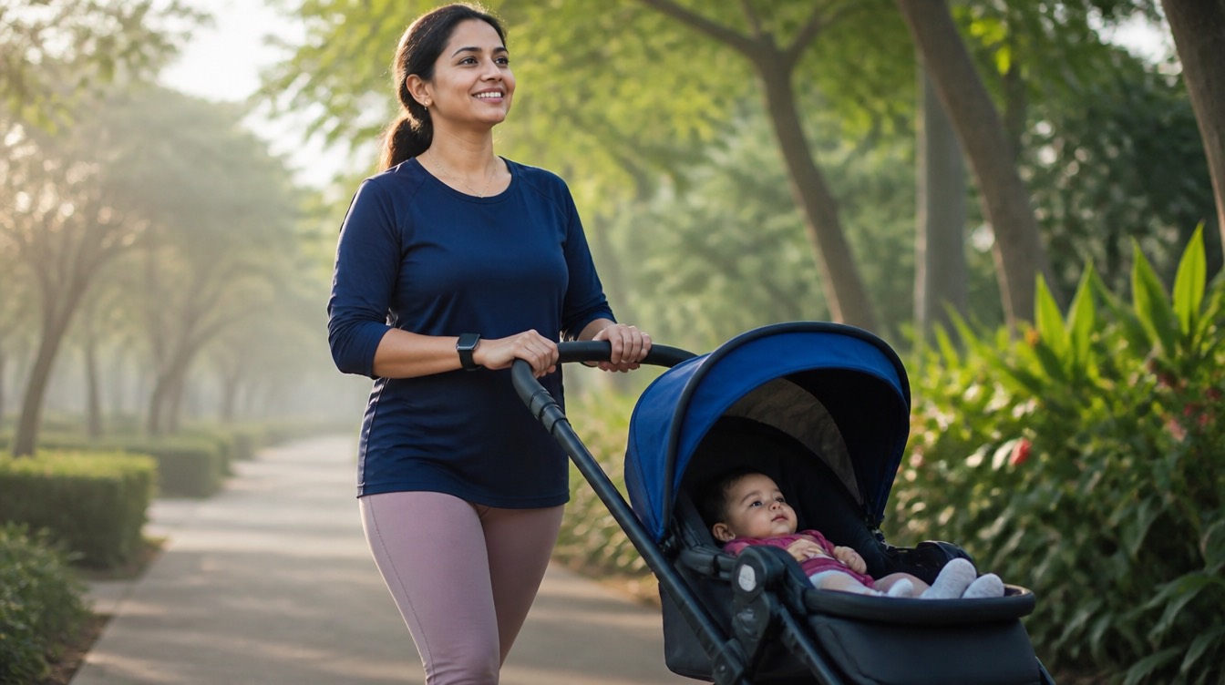 A confident mother on a morning walk with her baby's stroller