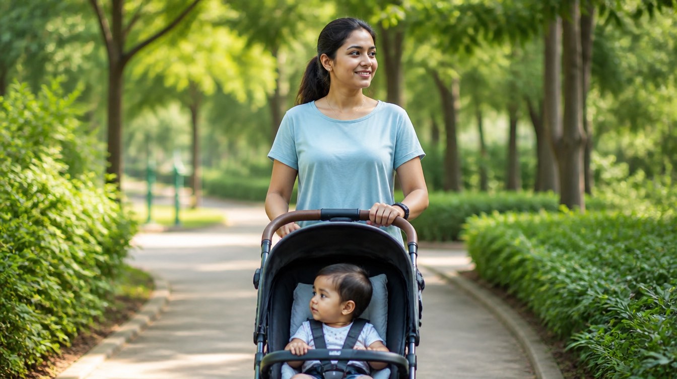 A recovered mother walking in the park with her baby's stroller