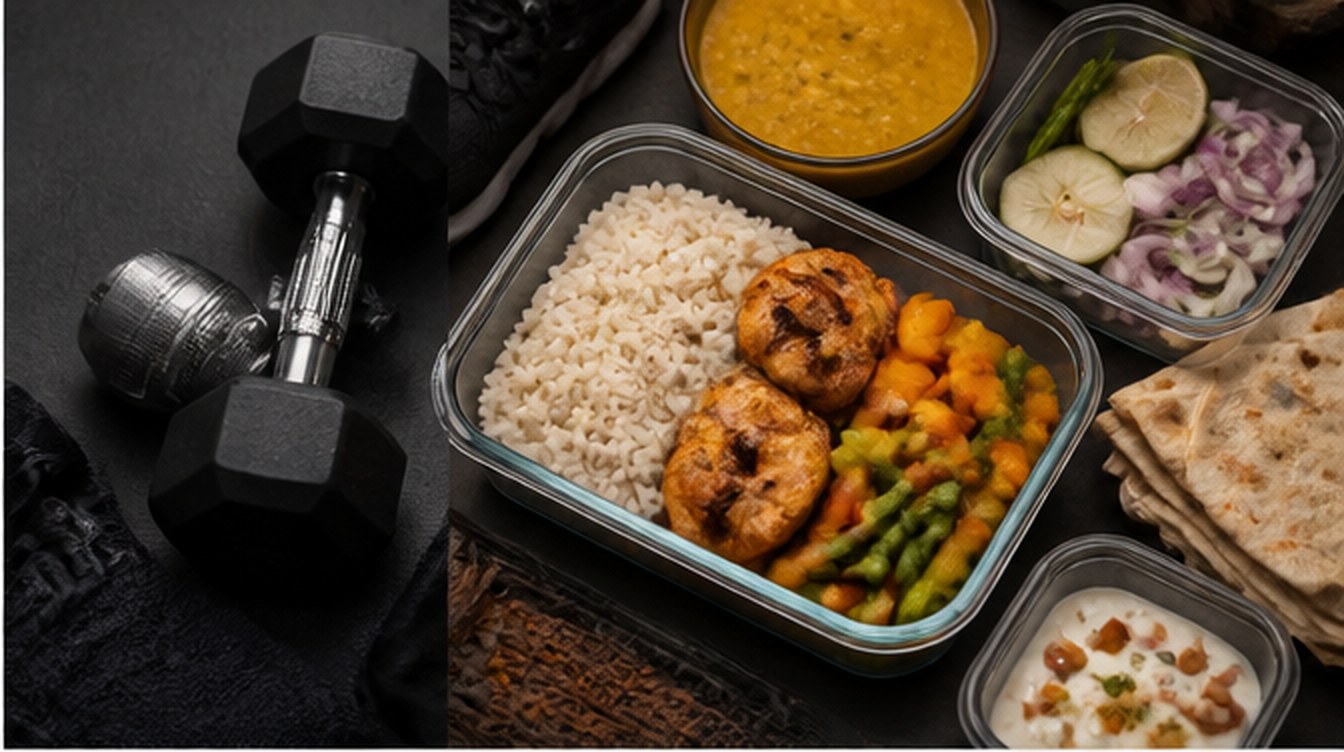 Meal boxes and dumbbells on a dark table.