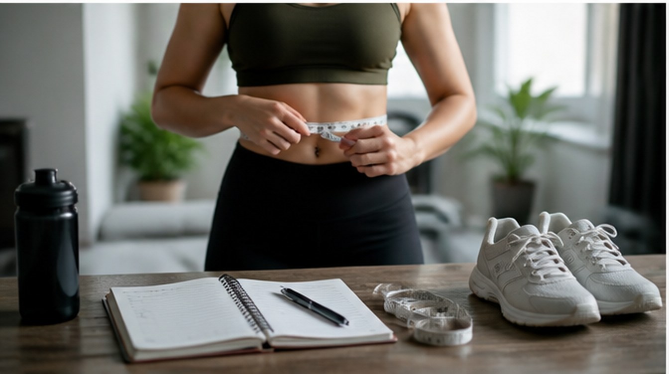 A measuring tape held at the waist beside a training notebook and shoes — assessment before training.