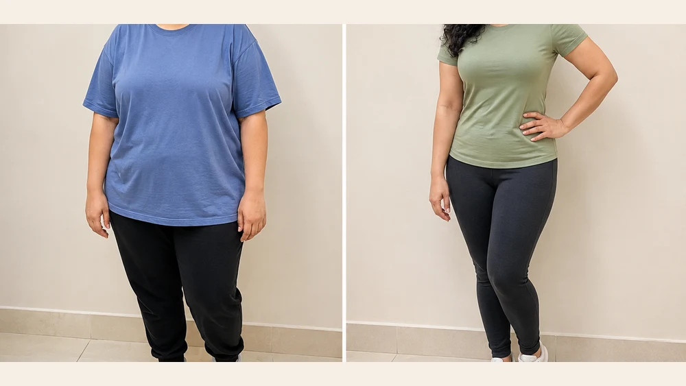 Transformation photo of Sania, shared with permission, face not shown.